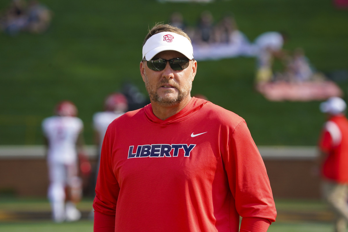 Sep 17, 2022; Winston-Salem, North Carolina, USA; Liberty Flames head coach Hugh Freeze looks on against the Wake Forest Demon Deacons before the game at Truist Field. Mandatory Credit: James Guillory-USA TODAY Sports